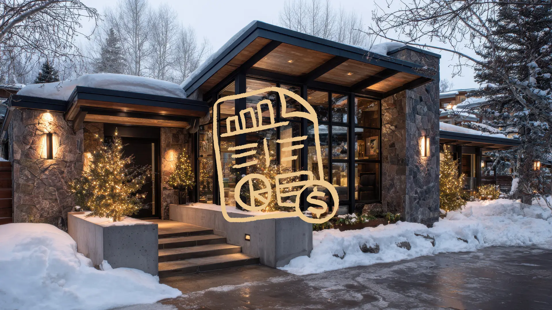A modern house for sale in Whistler with snow around the base.