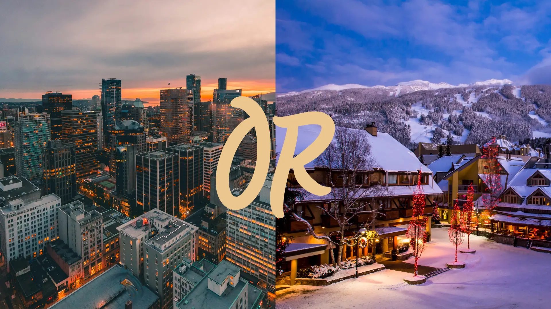 An aerial image of Vancouver side by side with one of Whistler.