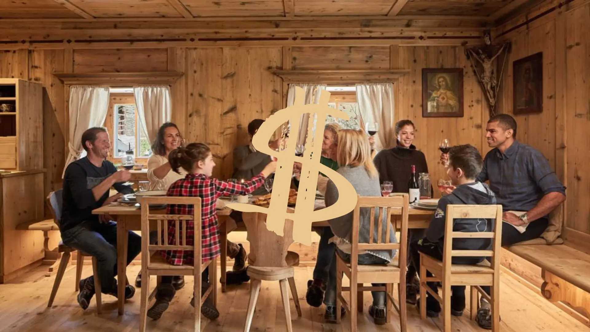 A house in Whistler with a group of guests eating at a dinner table