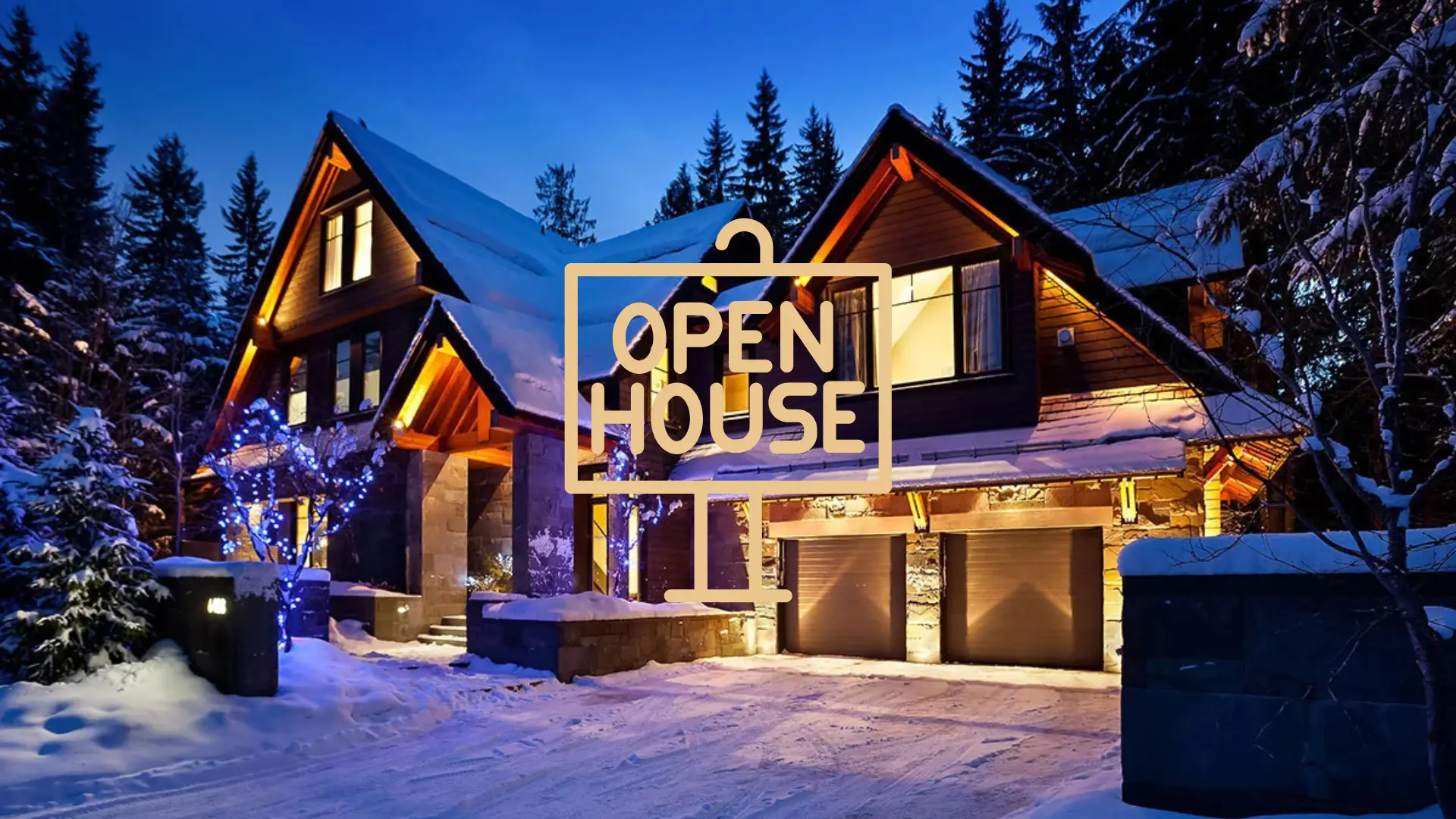 A Whistler real estate listing on a snowy evening. The mountain home covered in snow and glowing from the lights inside.