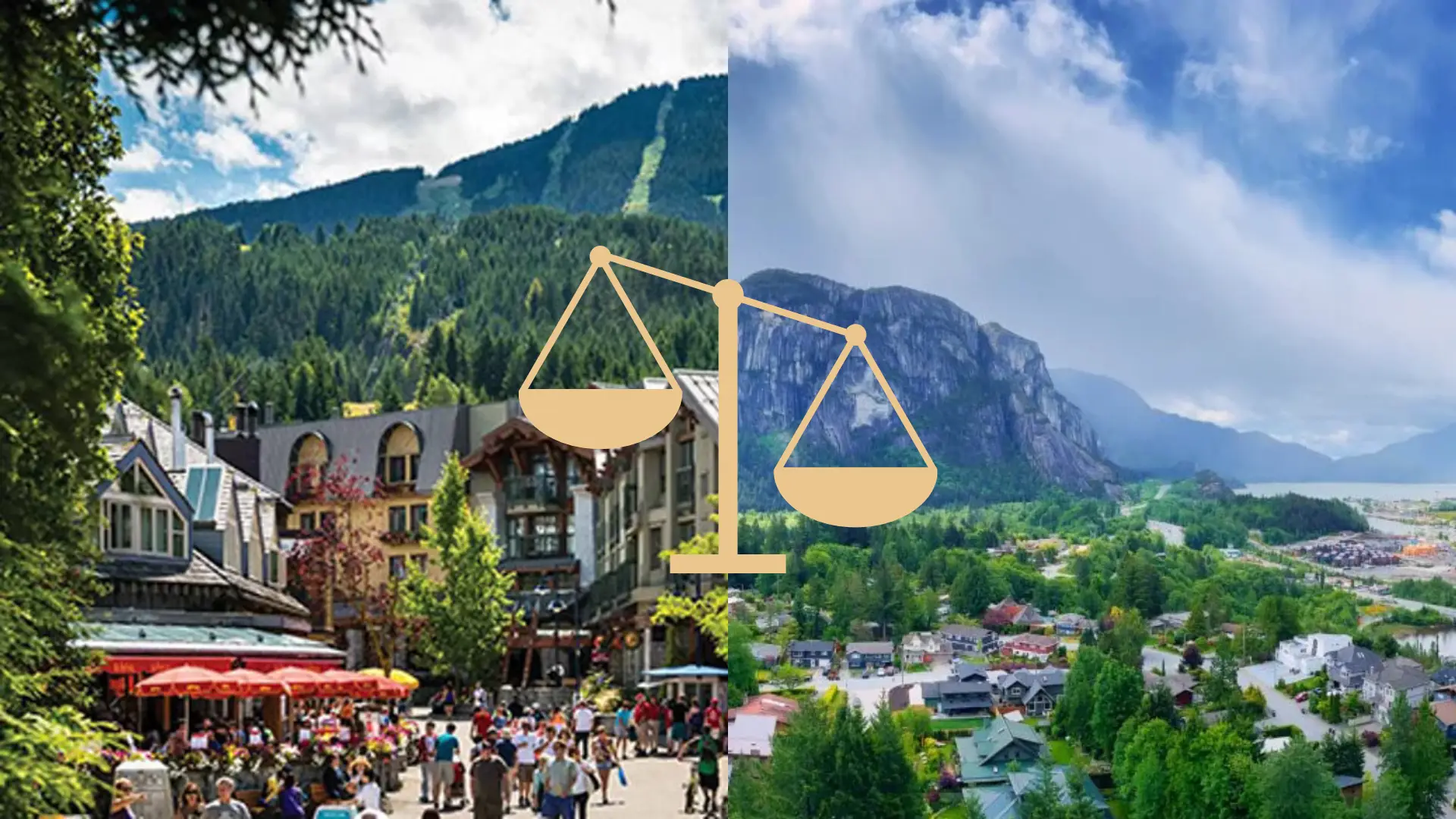 A side by side image of Whistler real estate vs Squamish real estate