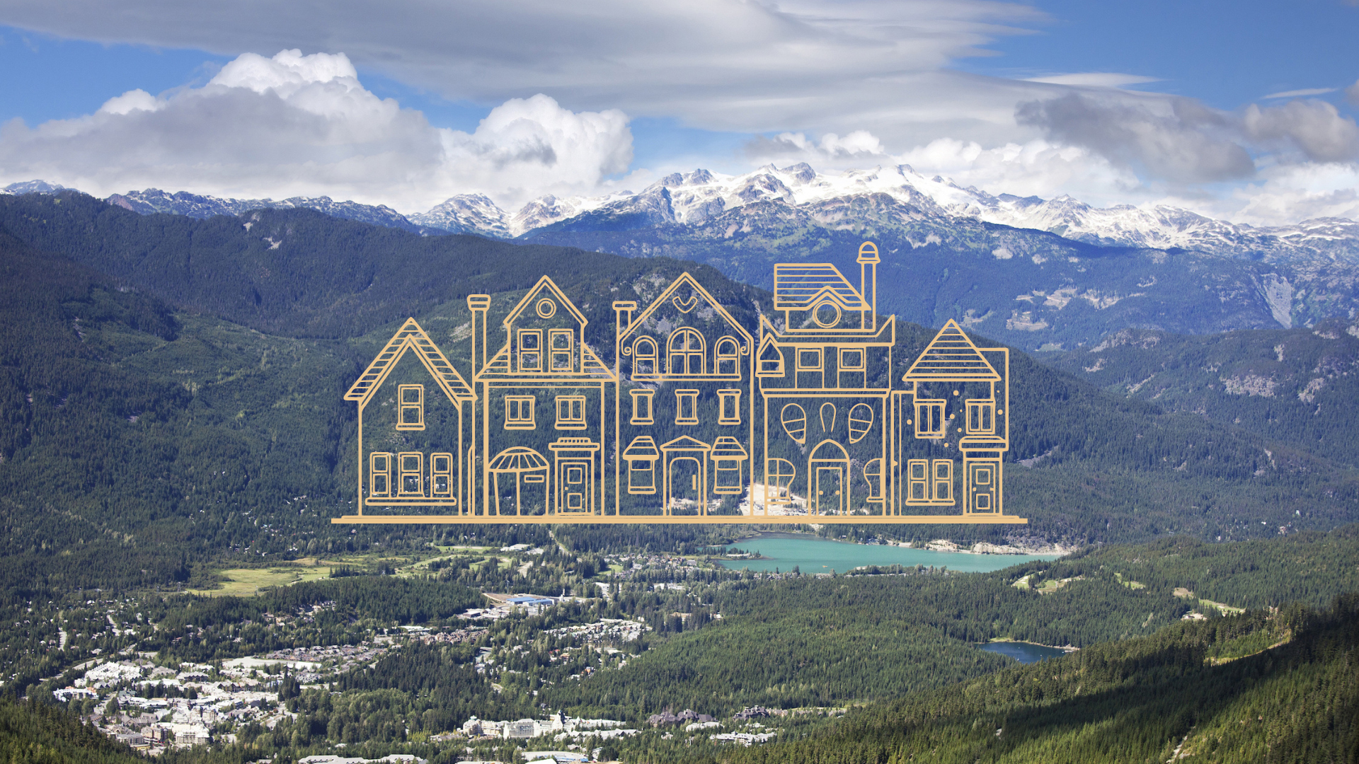 A birds eye view of the Whistler neighbourhoods tucked into the mountains
