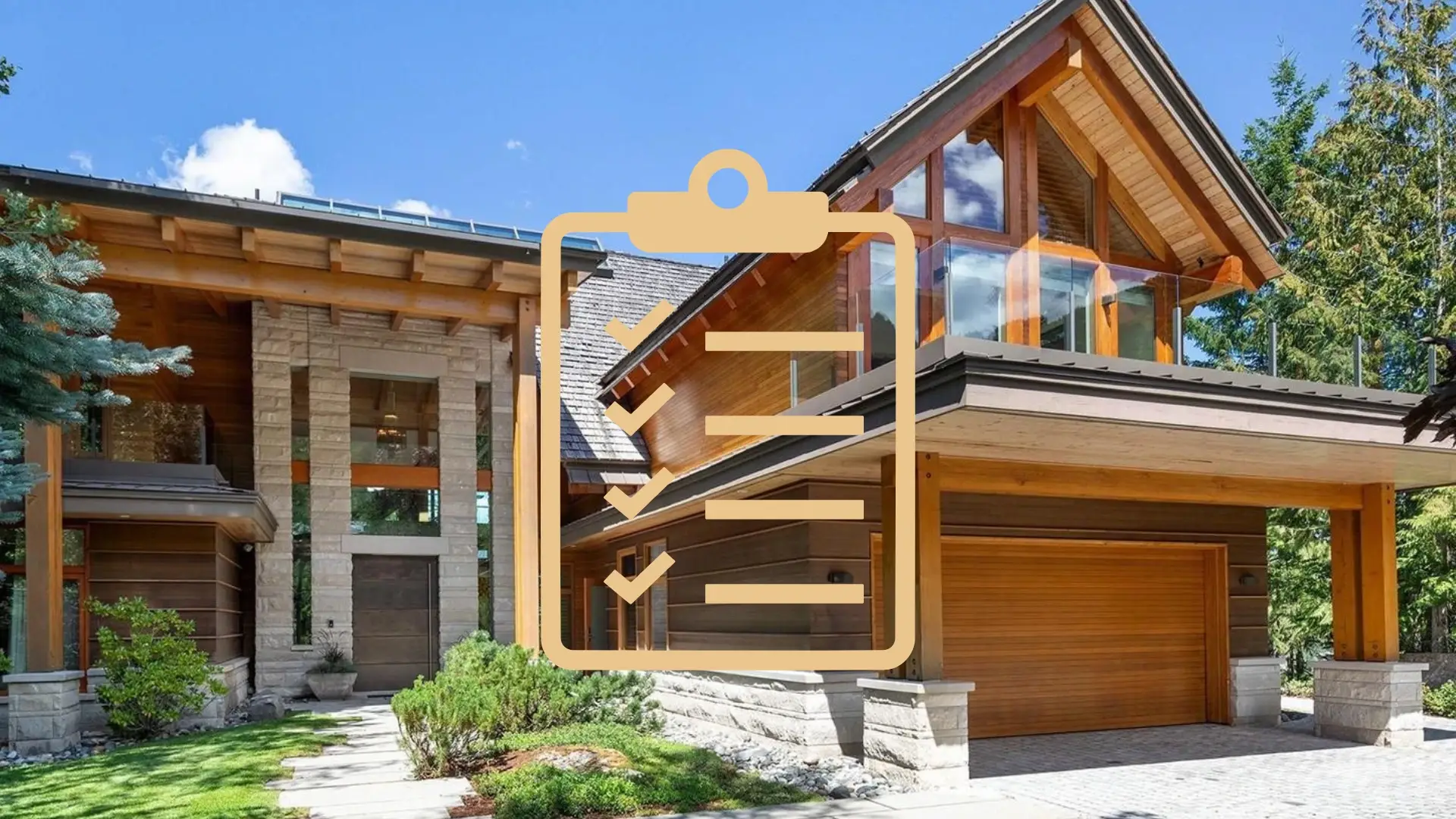 A modern Whistler property with wood accents, stone work and greenery.