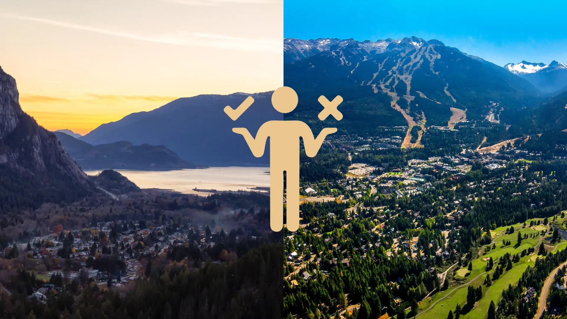 Side by side images of homes for sale in Squamish vs Whistler and a graphic overlaid of a man with his hands up holding a check mark in one and and x in the other
