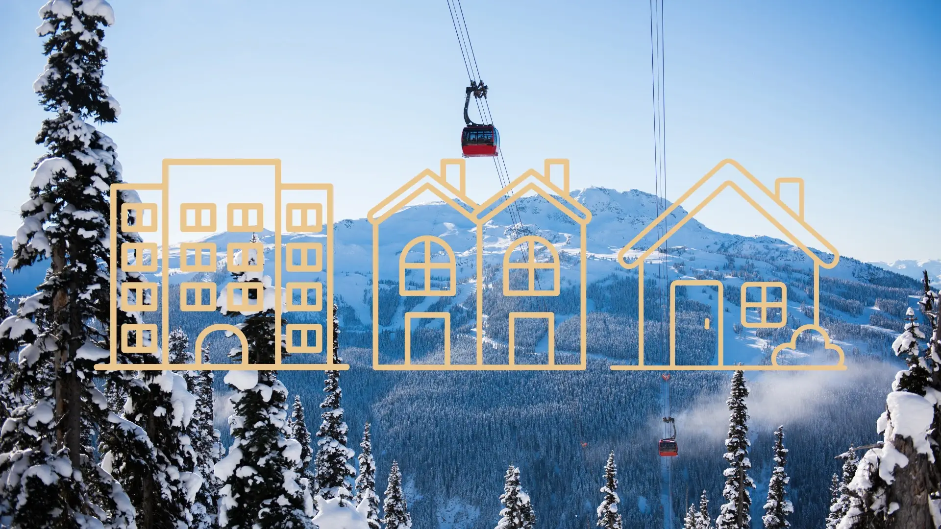 Whistler ski resort with an image of a house, a townhouse and condo overlaid.