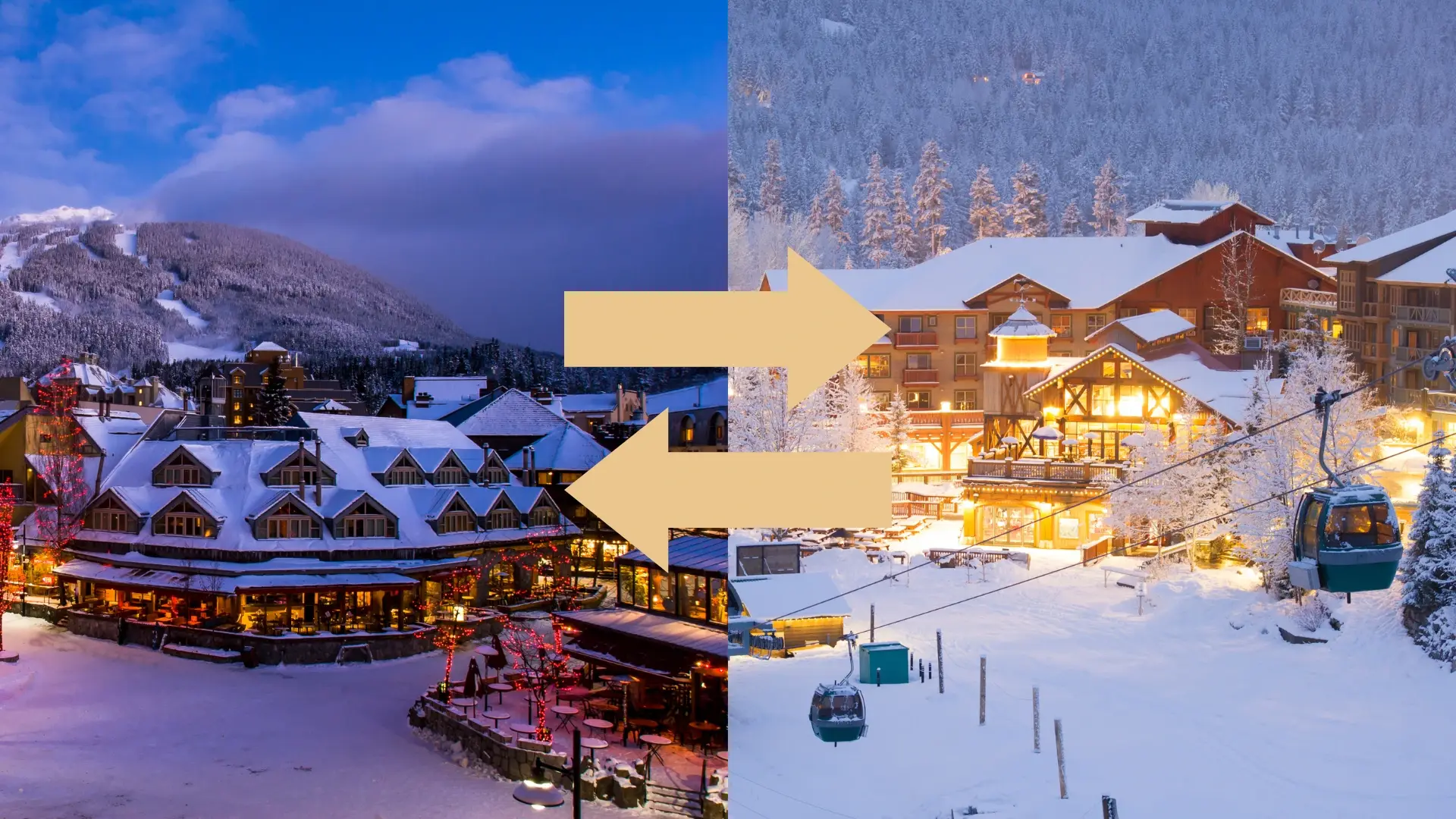 An image showcasing two Whistler neighbourhoods. Whistler Village beside Creekside.